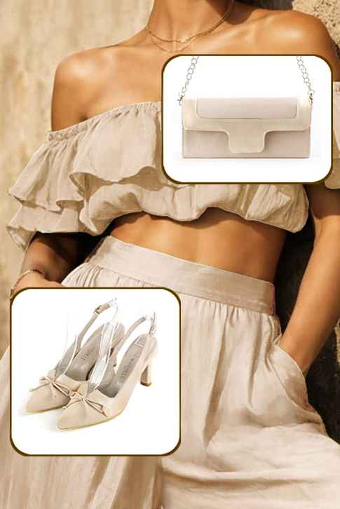 Women's champagne white and gold elegant slingback heels, with a bow on the front. Tapered toe. High slim heel - Top view